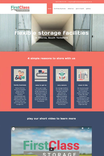 Website screenshot of First Class Storage website homepage